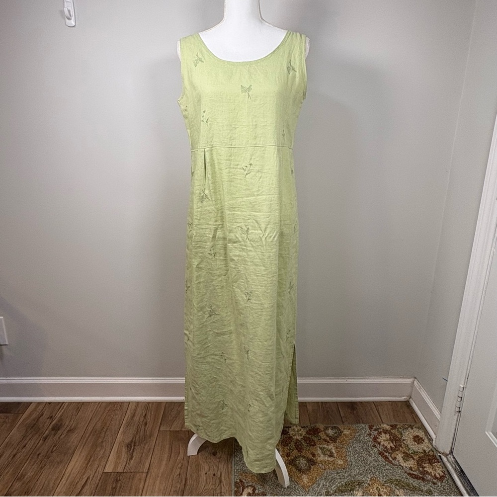Vintage 90’ 100% Linen Maxi Dress Portraits Northern Isles Green Sleeveless 8